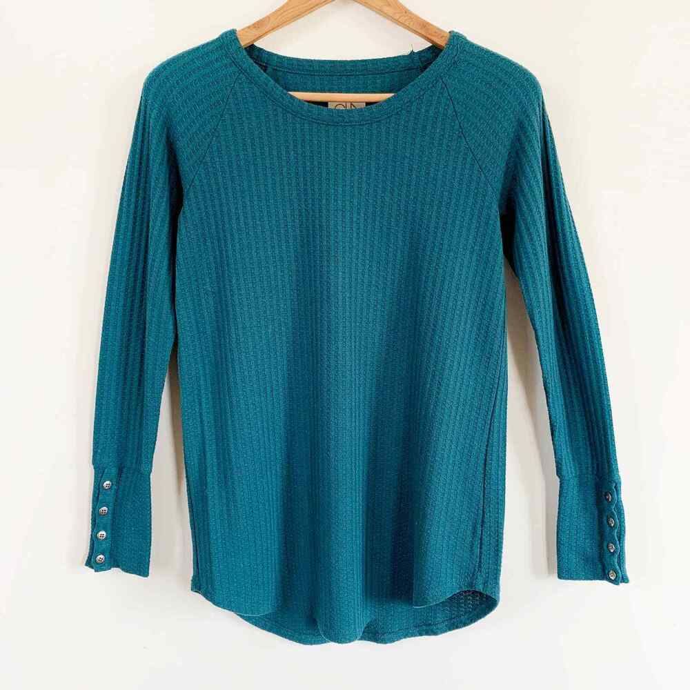 Chaser Waffle Knit Thermal Top Small Long Sleeve Button Cuff Teal Soft Stretch